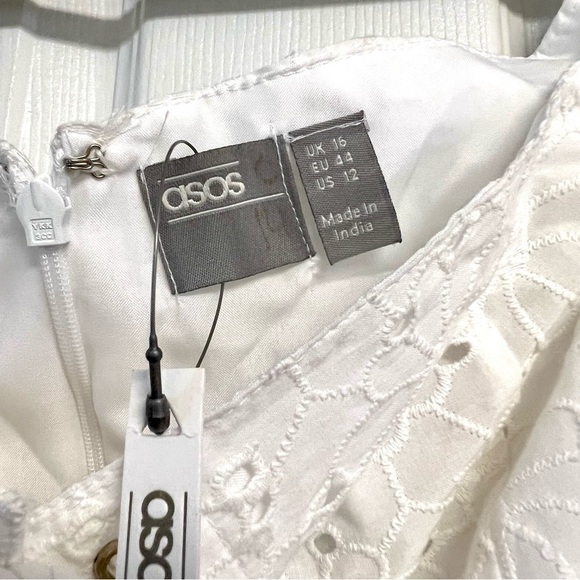 NWT ASOS DESIGN lace up broderie off shoulder mini sundress in white womens 12 - Picture 5 of 11